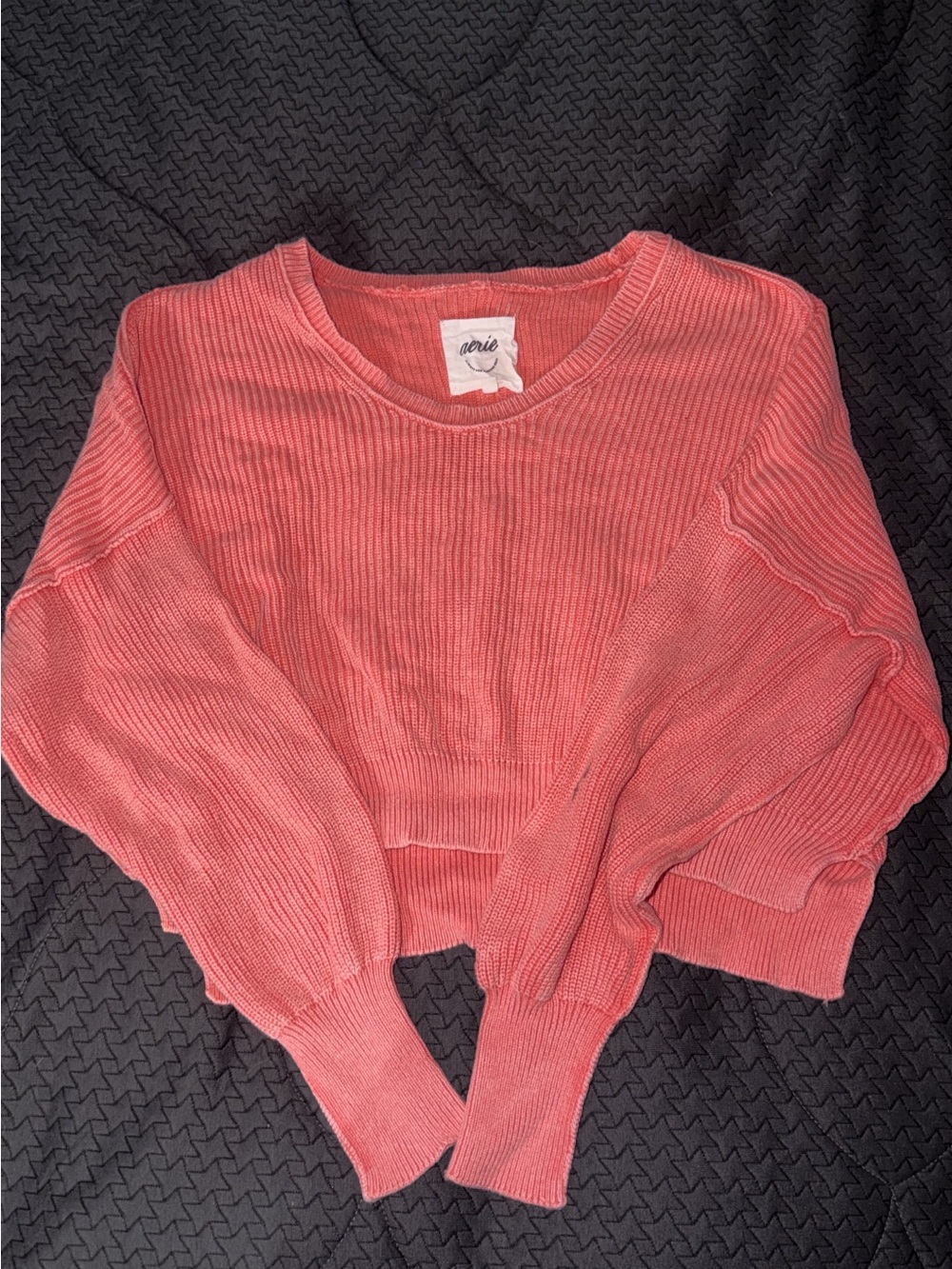 aerie Coral Ribbed Crewneck Cropped Sweater
